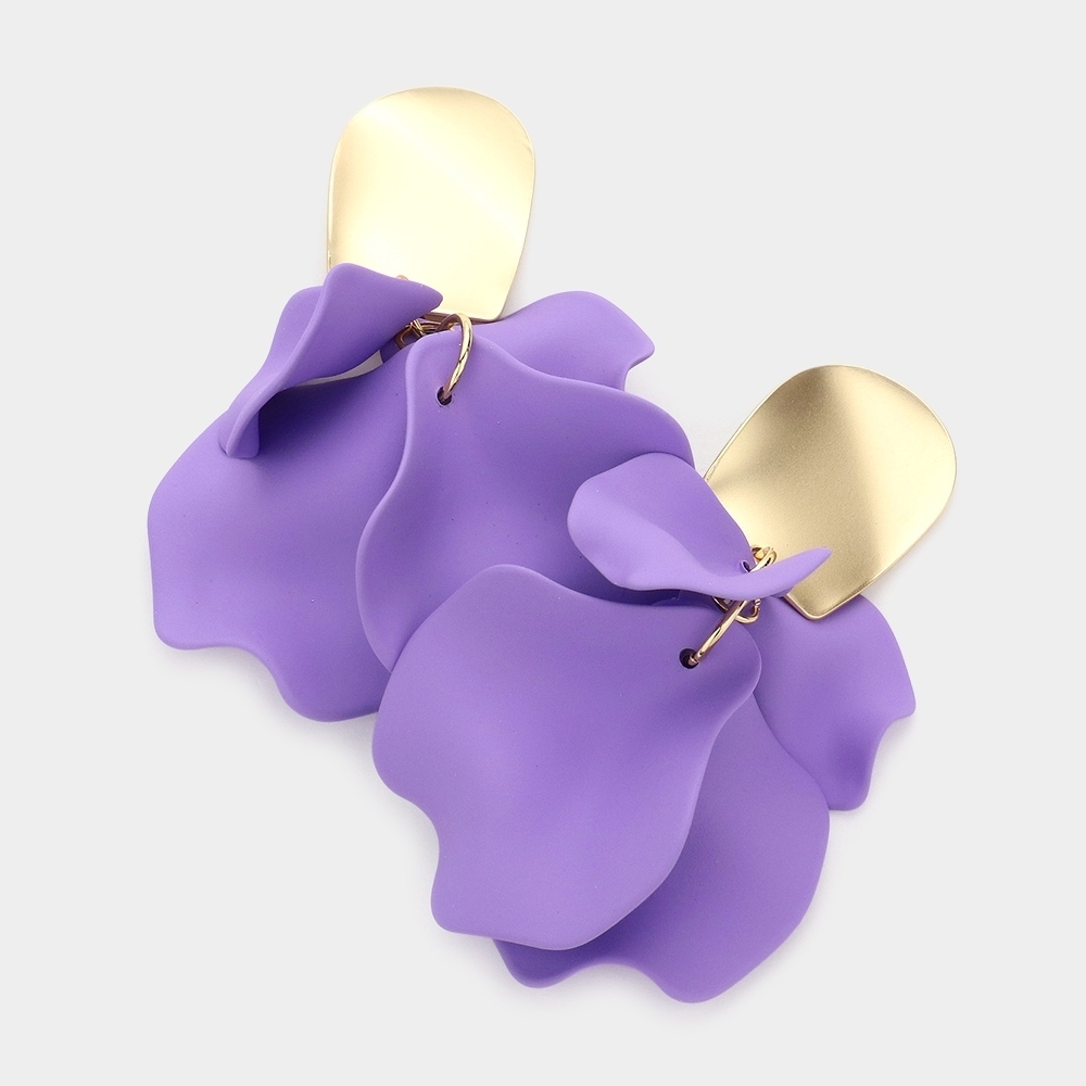 Purple Petal Link Dangle Earrings 3 Inch Tear Drop Down Cluster Colorful Jewelry